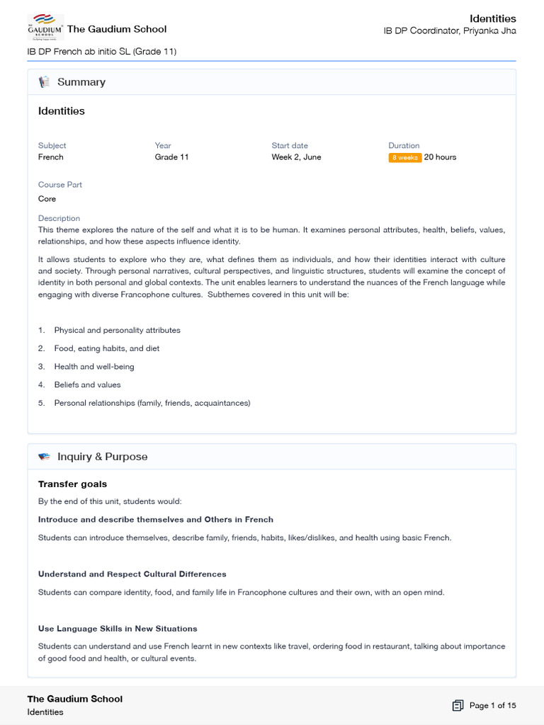 Unit Plan Identities PDF | PDF | Reading Comprehension | Learning