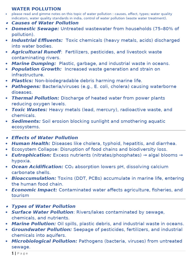 Causes and Effects of Water Pollution | PDF