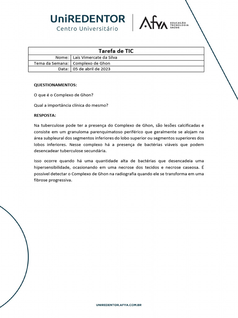 Complexo de Ghon na Tuberculose | PDF