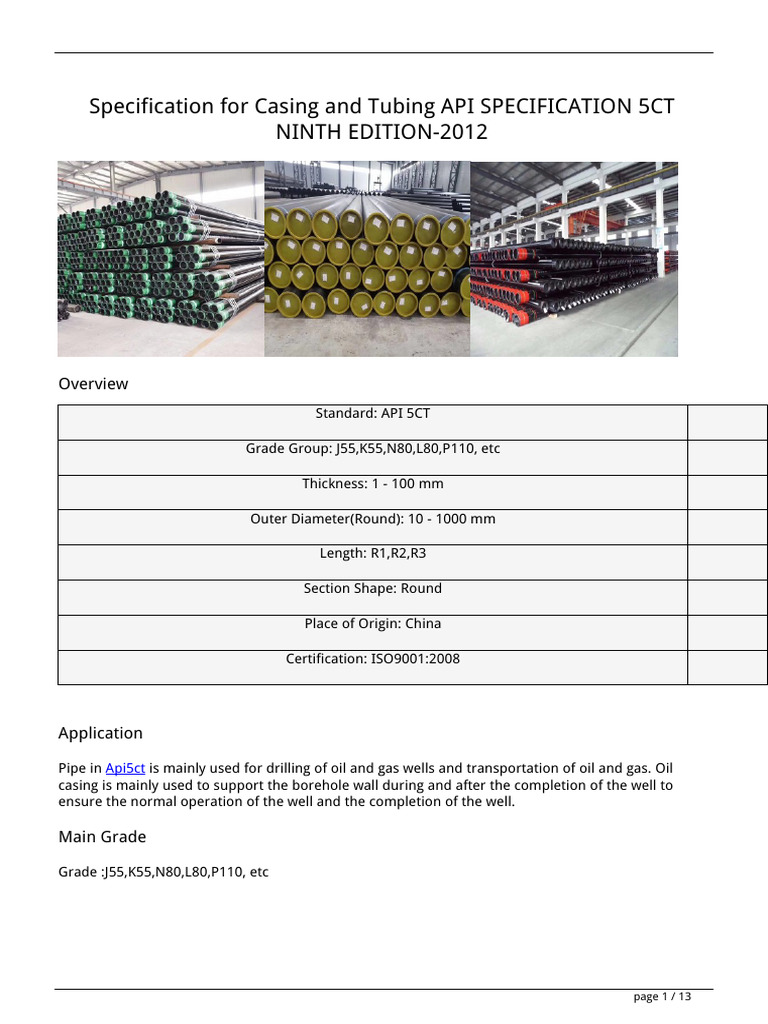 Specification For Casing and Tubing API Specification 5ct Ninth Edition ...