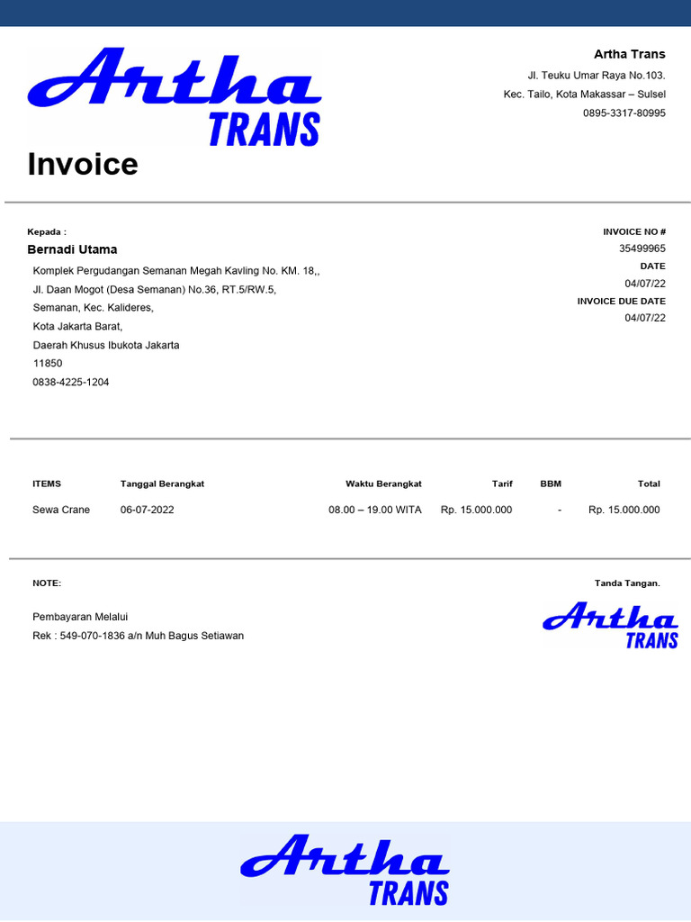 Invoice Sewa Crane Artha Trans | PDF
