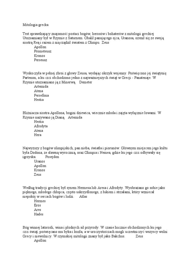 Test Z Mitologii Greckiej Liceum