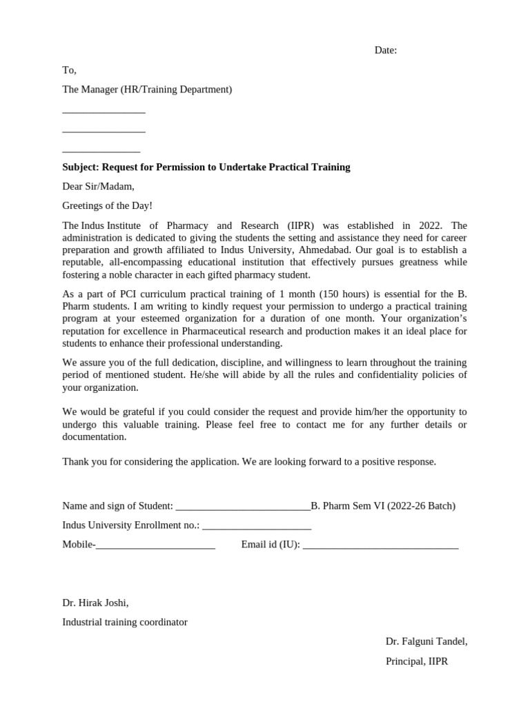 Practical Training Request for Pharmacy Students | PDF