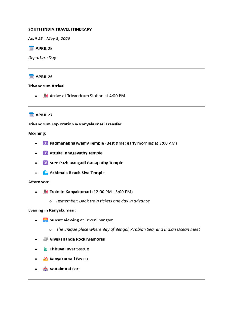 South India Travel Itinerary 2025 | PDF