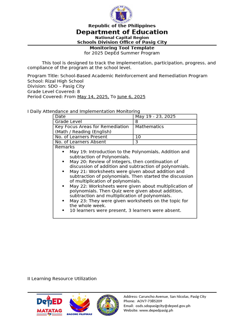 Monitoring Tool For 2025 DepEd Summer Program Hedda | PDF | Learning ...