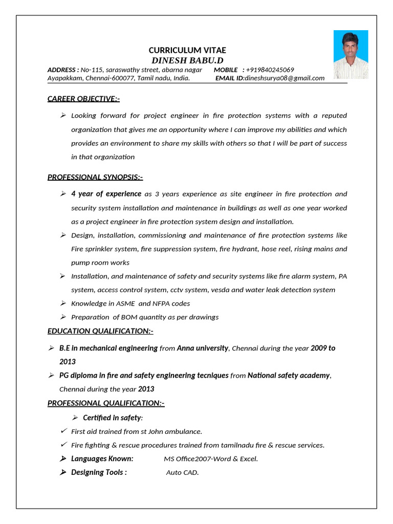 Project Engineer CV - Fire Protection Systems | PDF | Safety