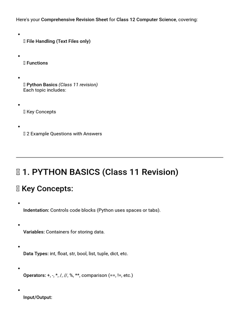 Revision Sheet For Class 12 Computer Scienc | PDF | Parameter (Computer ...