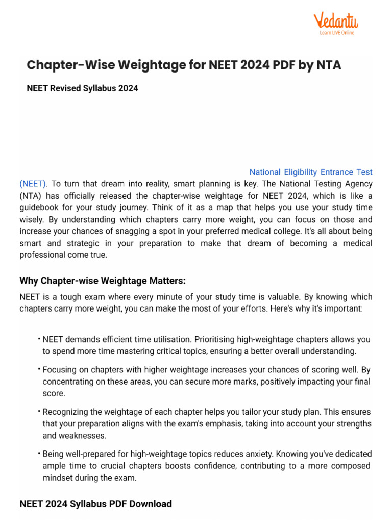 Chapter-Wise Weightage For NEET 2024 PDF by NTA | PDF