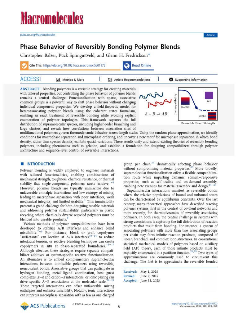 Phase Behavior of Reversibly Bonding Polymer Blends (Macromolecules ...