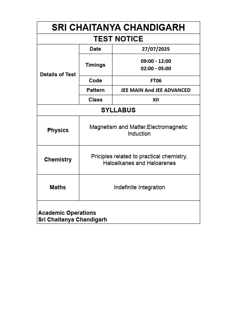 Test Notice - 12th Class-27.07.2025 FT06. | PDF