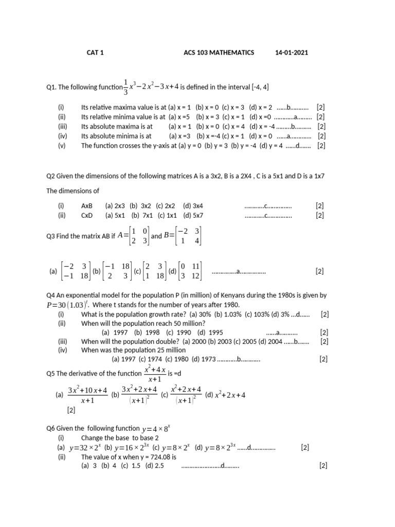 Mathematics Exam Questions and Solutions | PDF | Matrix Theory ...