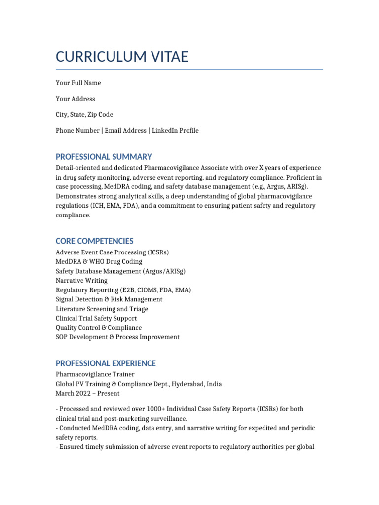 Pharmacovigilance Associate CV Template | PDF | Pharmacovigilance ...