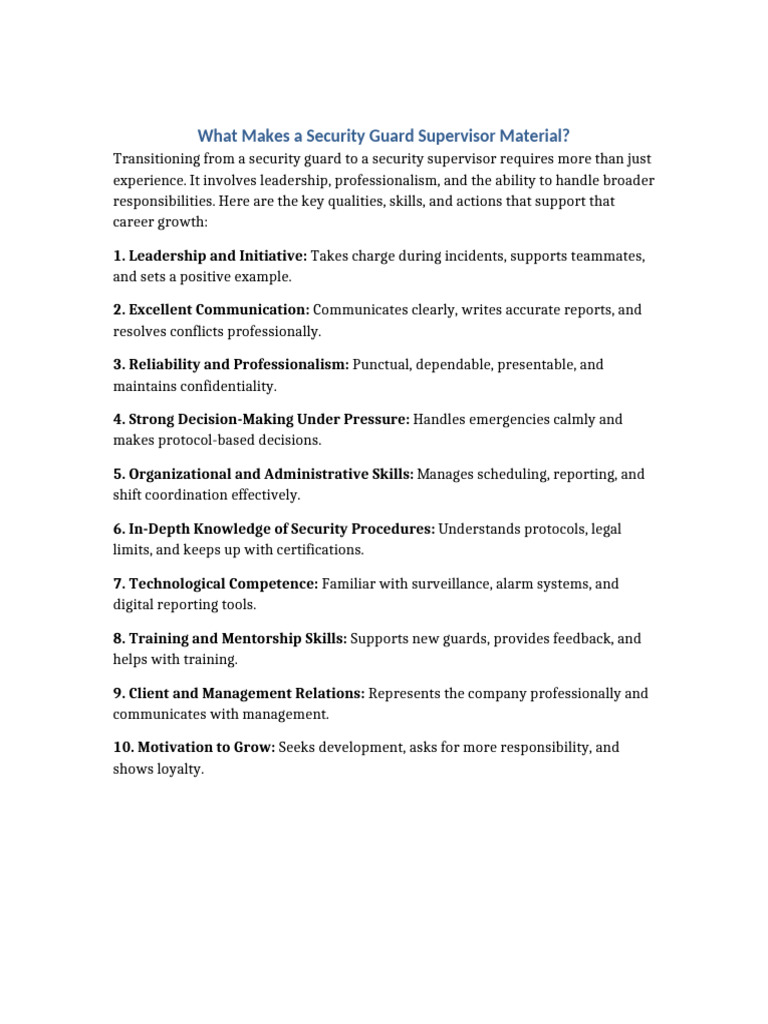 Key Qualities of a Security Supervisor | PDF