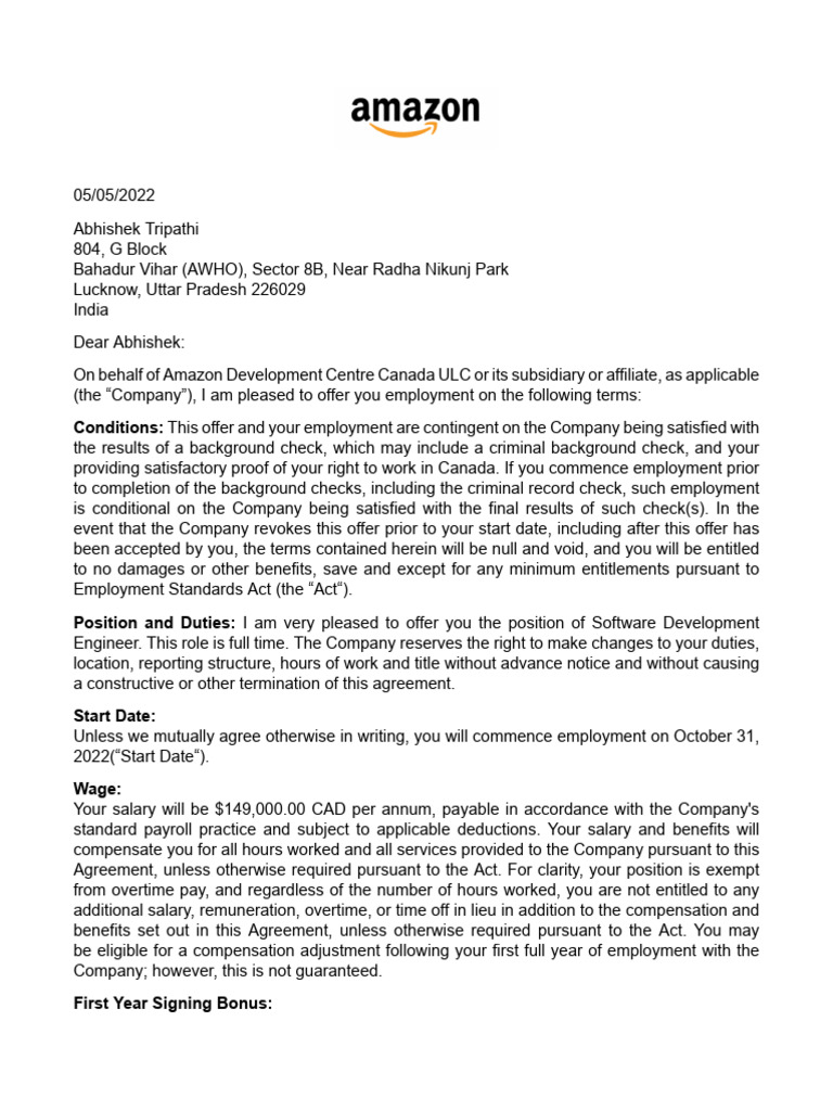 Amazon Job Offer for Software Engineer | PDF | Private Law | Employee ...