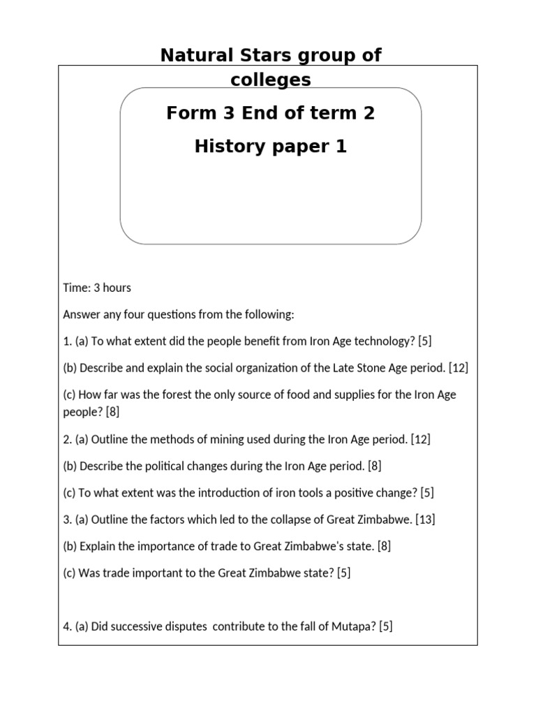 Form 3 History Exam Topics Overview | PDF