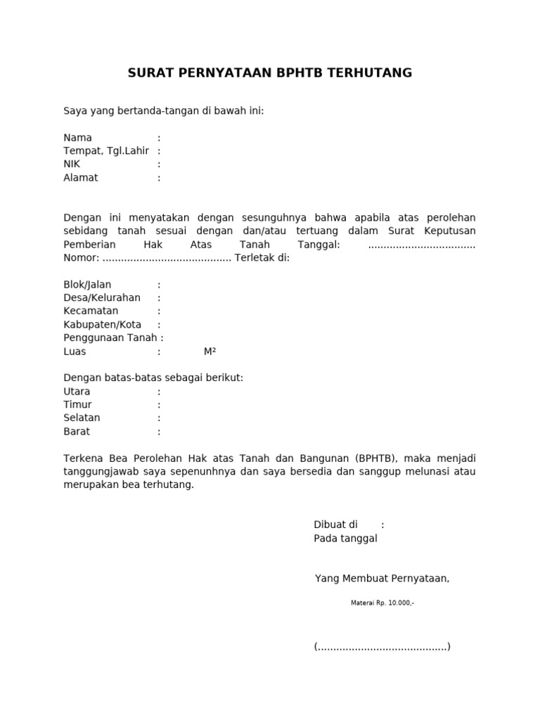 Surat Pernyataan Bphtb Terhutang Pdf