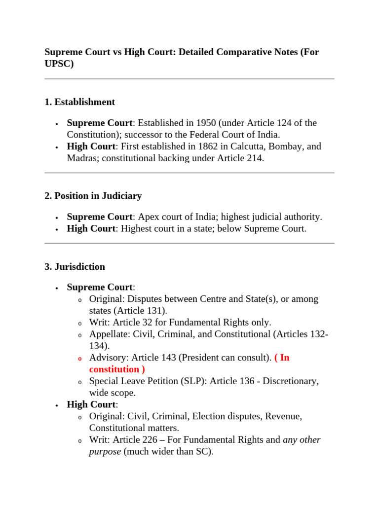 Supreme Court vs High Court Overview | PDF | Supreme Courts | Supreme ...