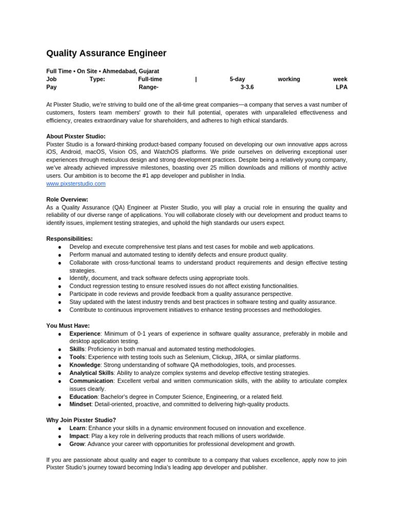 QA Engineer Job Opening at Pixster Studio | PDF | Quality Assurance ...