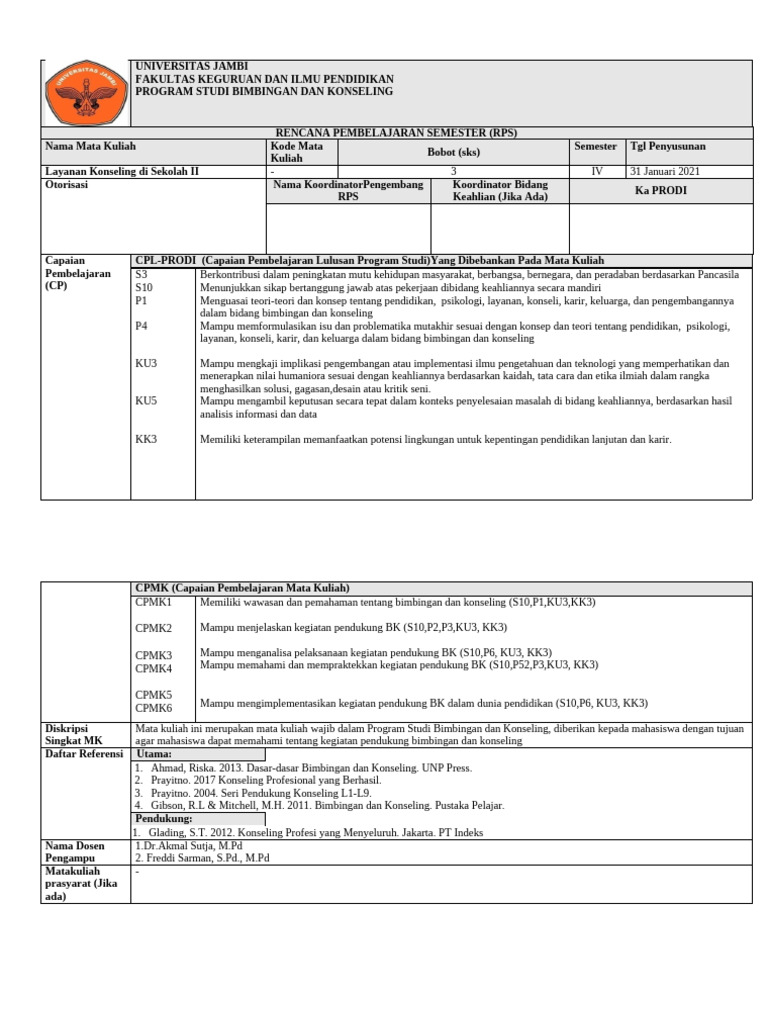 RPS Layanan Konseling Sekolah II | PDF