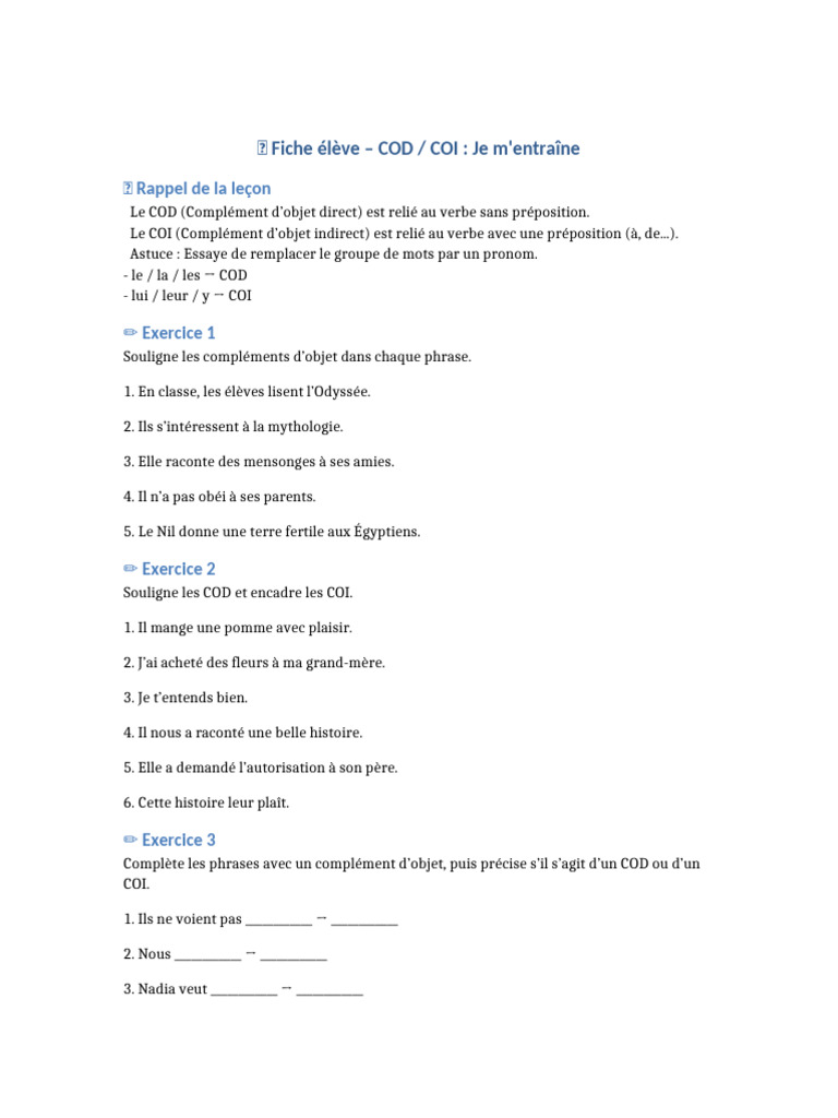 Exercices sur COD et COI | PDF
