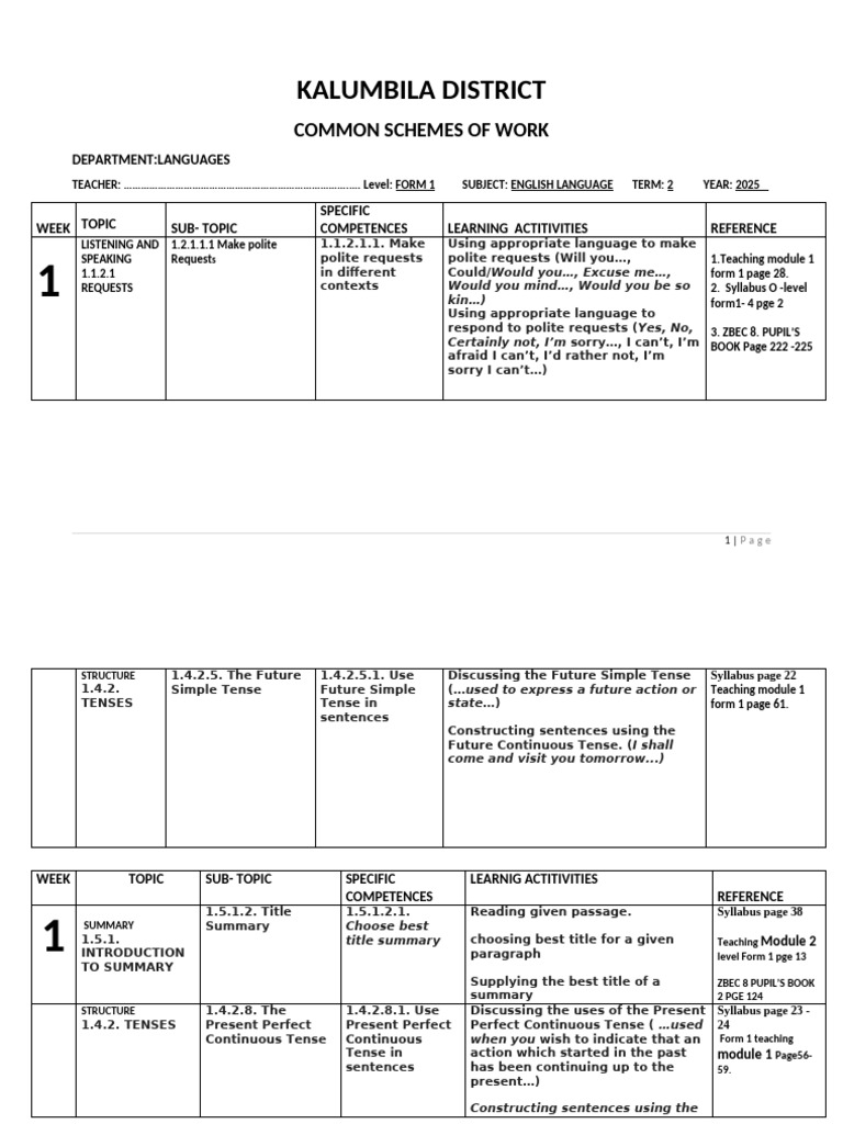 Form 1 English Language Scheme | PDF | Verb | Adjective