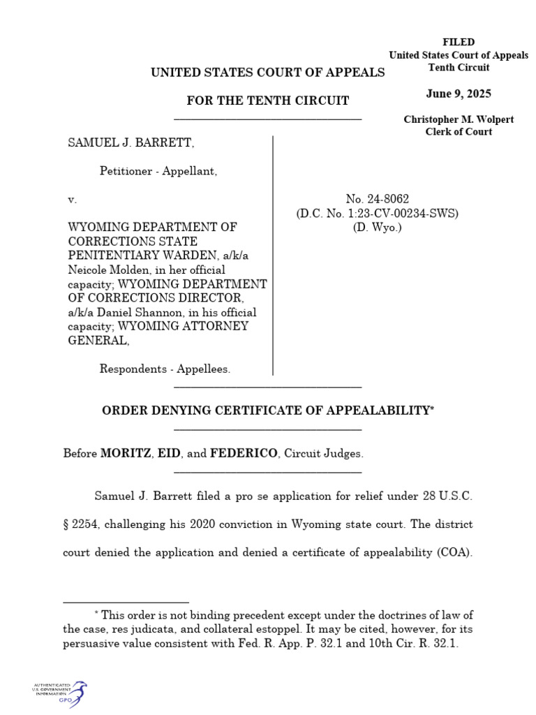 USCOURTS Ca10 24 08062 0 | PDF | Sixth Amendment To The United States ...