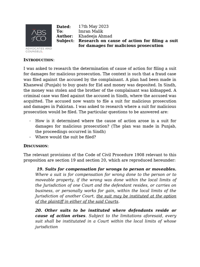 Malicious Prosecution Suit Research Guide | PDF | Lawsuit | Defendant