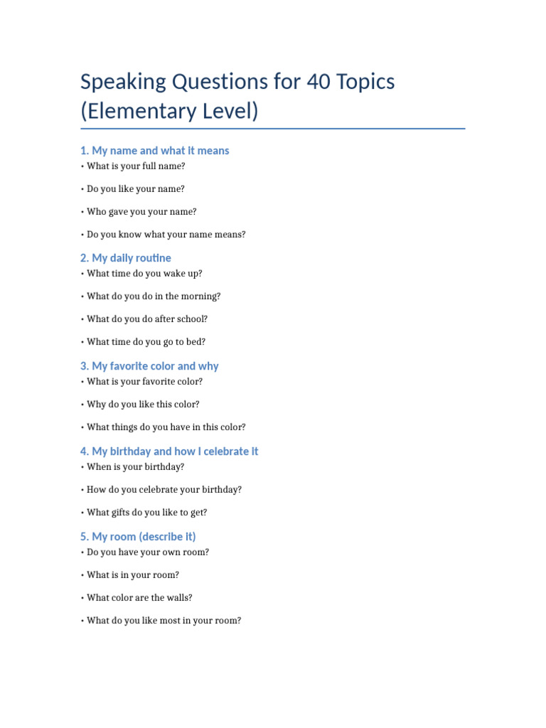 Elementary Speaking Topics Guide | PDF