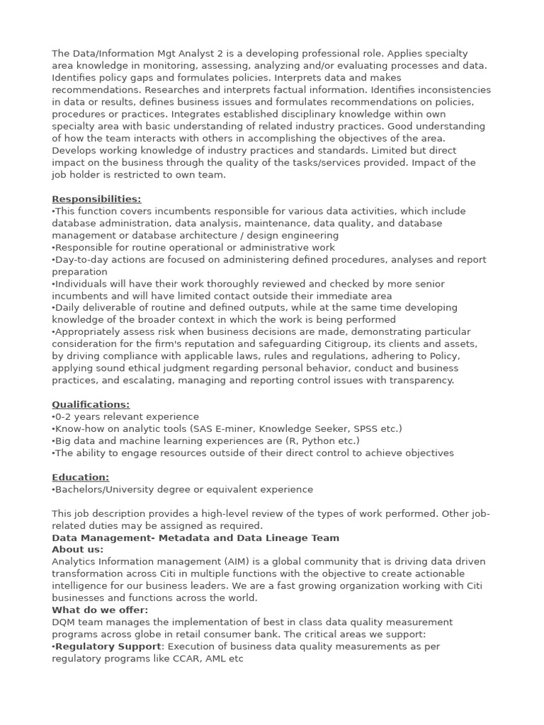 Data Management Analyst Job Description | PDF | Data Quality | Metadata