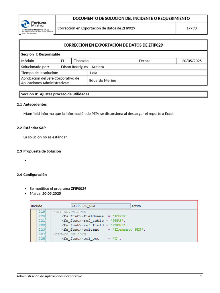 SOL - Corrección en Exportación de Datos de ZFIP029 | PDF