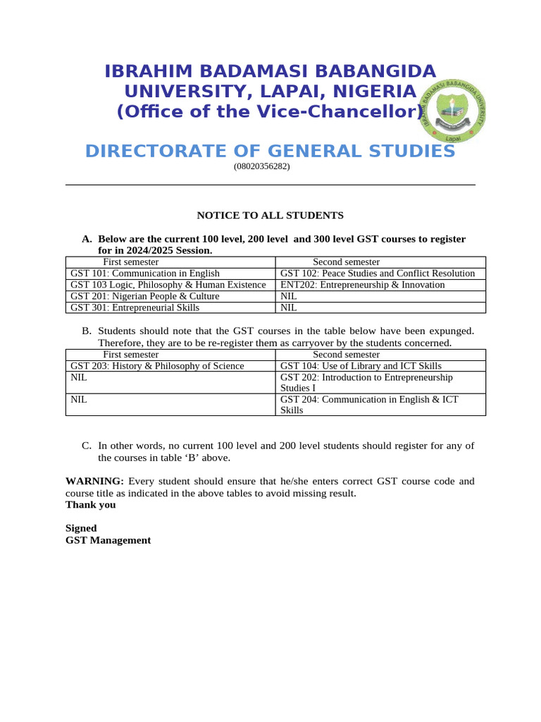 2024/2025 GST Course Registration Notice | PDF