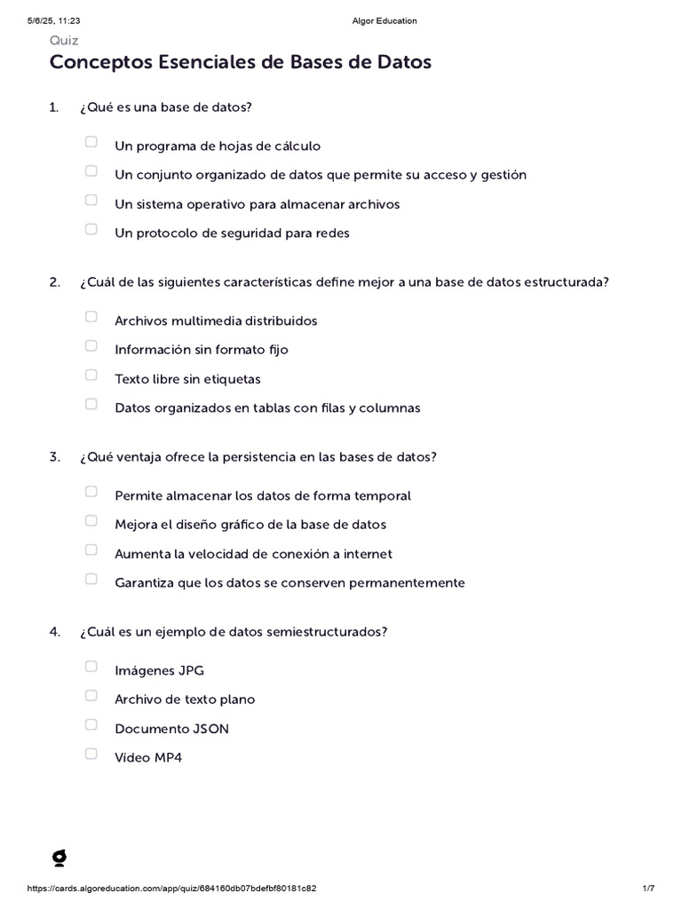 Quiz sobre Conceptos de Bases de Datos | PDF | Bases de datos | Base de ...