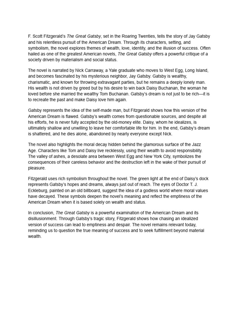 The Great Gatsby - A Reflection On The American Dream | PDF | The Great ...