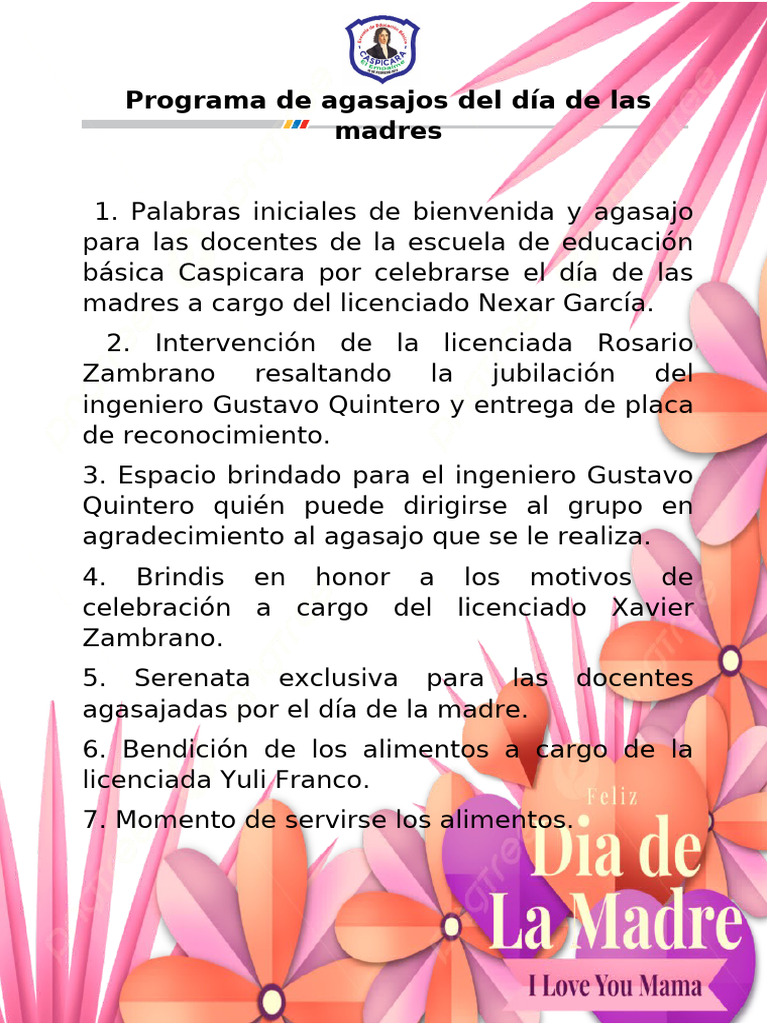 Programa de Agasajos Del Día de Las Madres | PDF