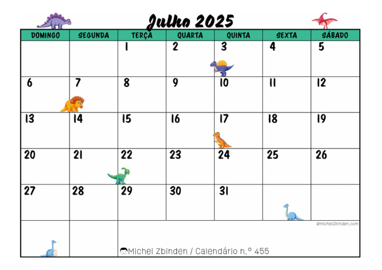 Calendário Julho 2025 Elefante | PDF