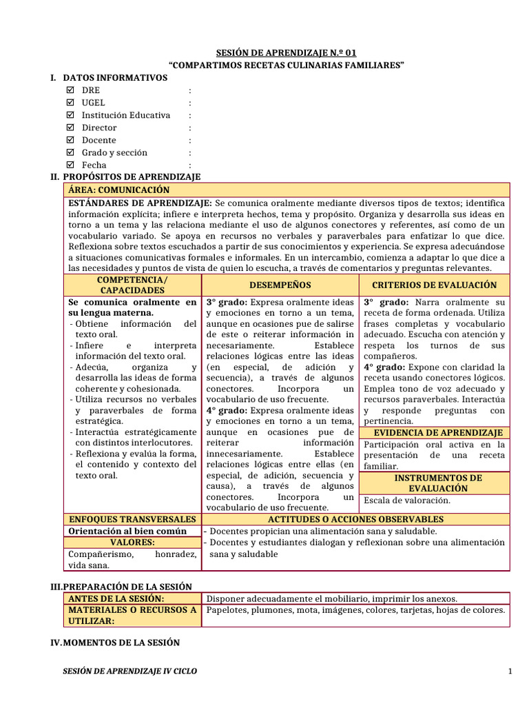Semana 3 Sesiones de Aprendizaje IV Ciclo - Junio | PDF | Aprendizaje ...