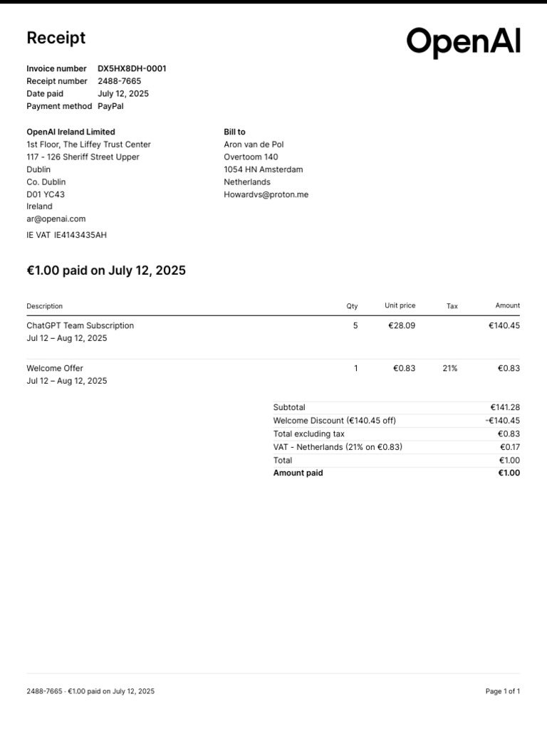 OpenAI Ireland Limited VAT Invoice | PDF