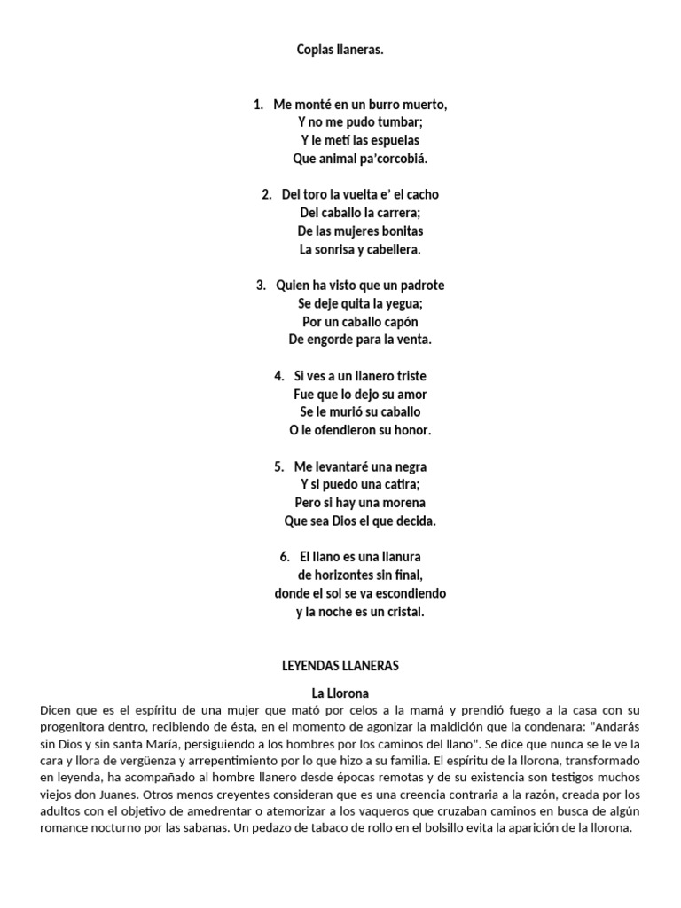 Coplas y Leyendas Llaneras para Niños | PDF
