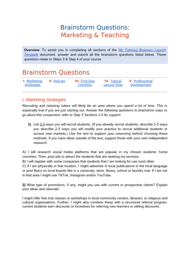 ??brainstorm Questions - Marketing & Teaching | PDF | Brainstorming ...