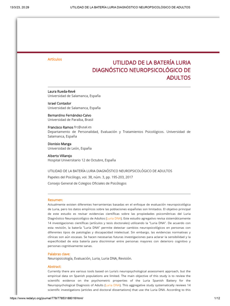 Eficacia de la Batería Luria en Neuropsicología | PDF | Neuropsicología ...