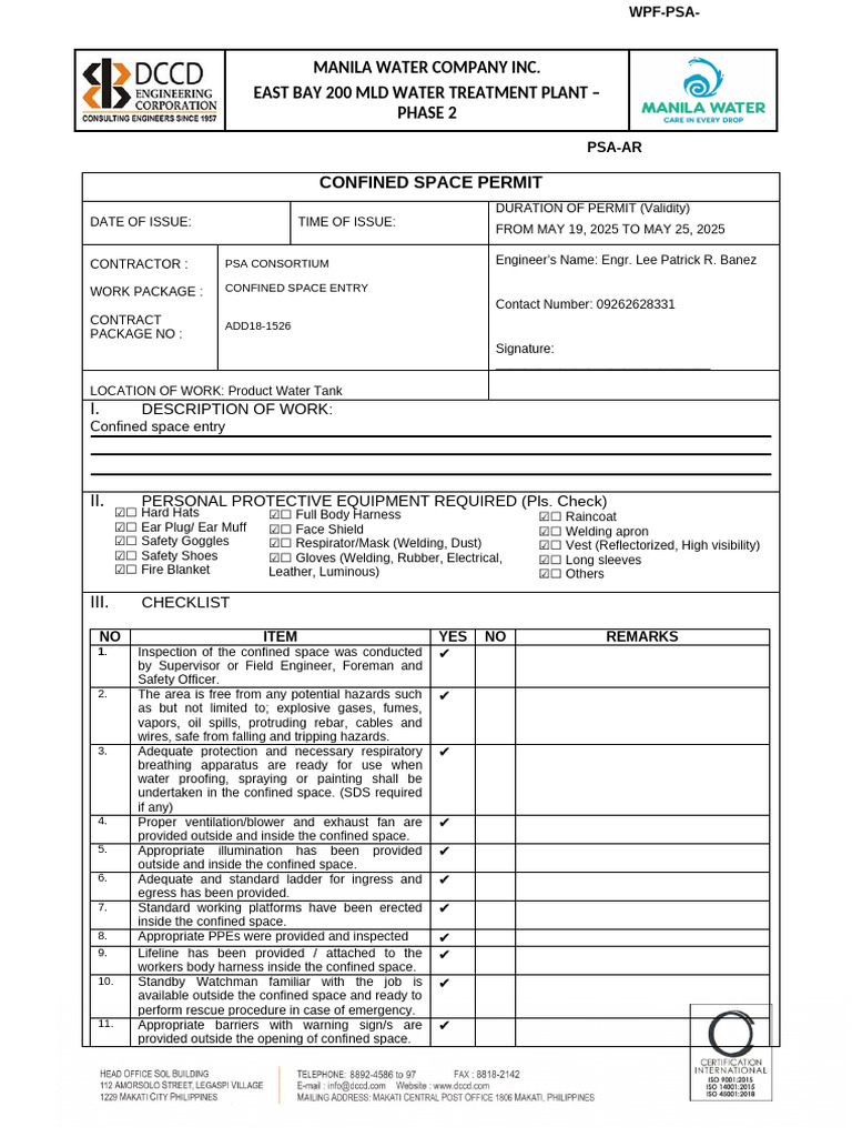 Confined Space Permit for Water Plant | PDF | Occupational Safety And ...