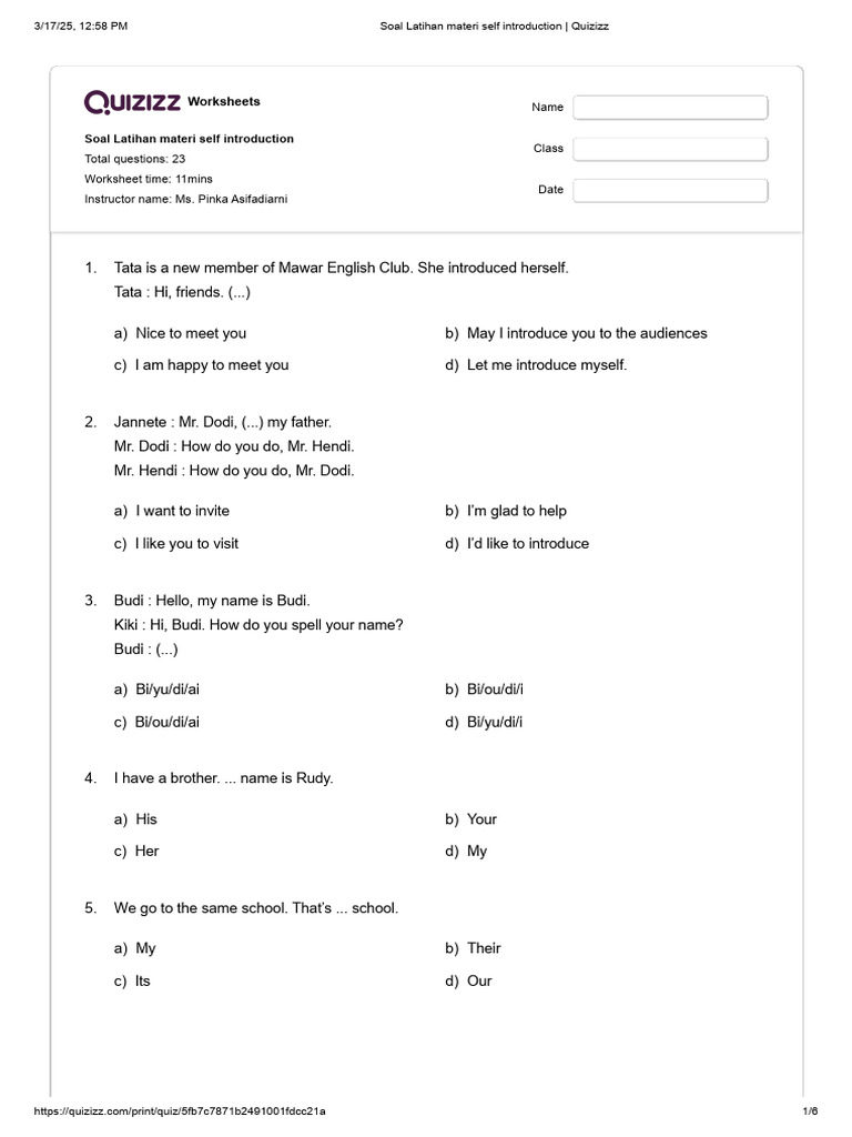Self-Introduction Practice Worksheet | PDF | Chess Theory | Chess