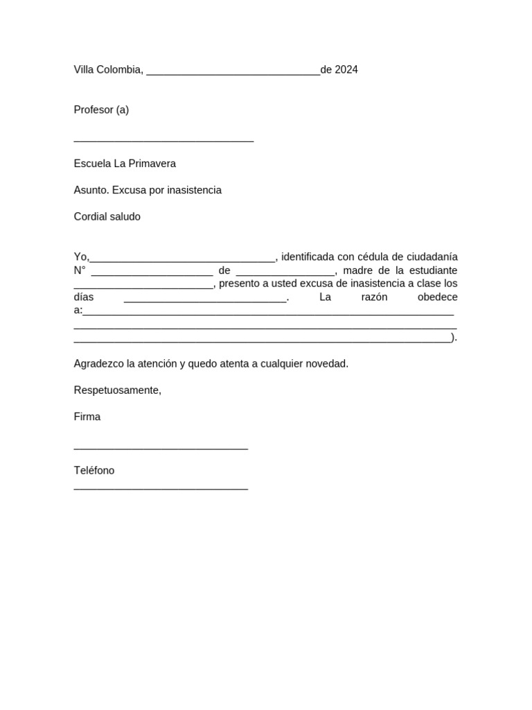 Carta de excusa por inasistencia | PDF