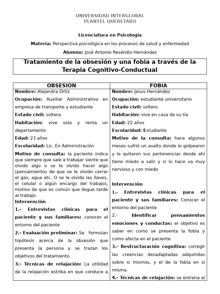 Tratamiento de obsesiones y fobias TCC | PDF | Fobia | Terapia de ...