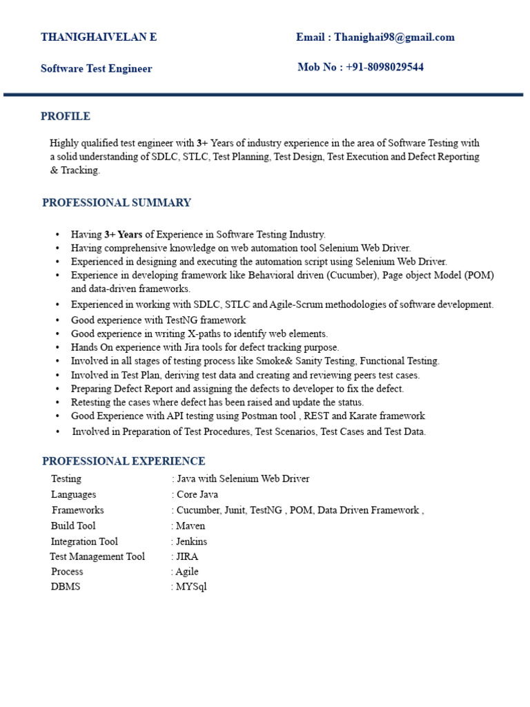 Test Engineer Resume - Thanighaivelan E | PDF | Software Testing ...