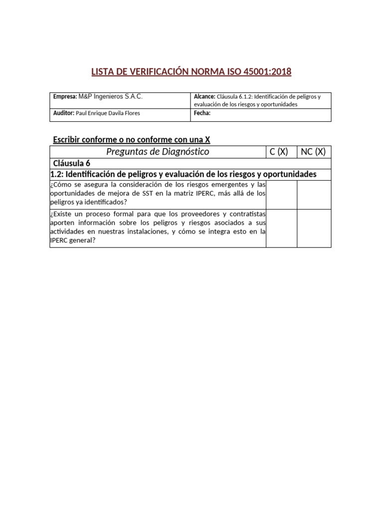DAVILA PAULCheck List Auditoria ISO 45001 2018 | PDF