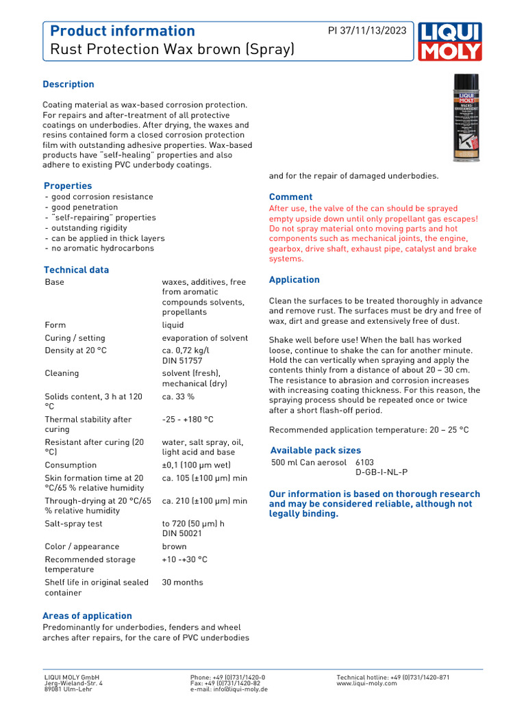 Rust Protection Wax Brown (Spray) | PDF | Toxicity | Personal ...