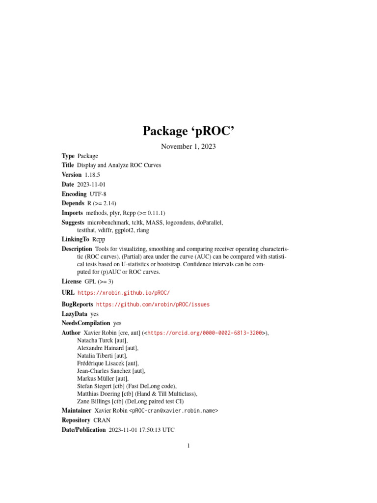 pROC: ROC Curve Analysis in R | PDF | Receiver Operating Characteristic ...