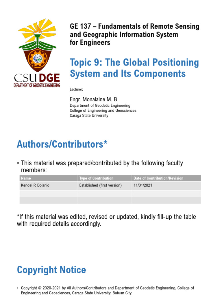 Lecture 9 - The Global Positioning System and Its Componentsv2 | PDF ...