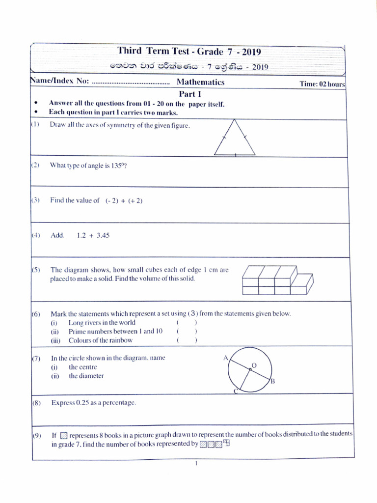 Grade 07 Mathematics - 3rd Term Test - 2019 | PDF